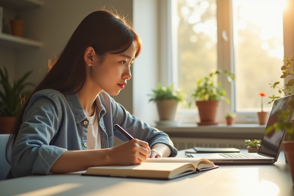 Jeune professionnel écrivant ses objectifs dans un journal lumineux