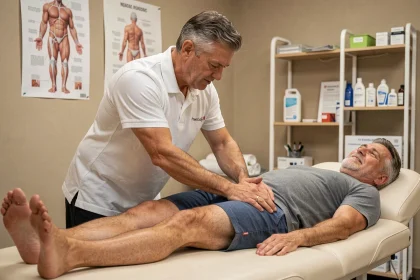Kinésithérapeute réalisant un massage thérapeutique sur le genou interne d'un patient souffrant de la patte d'oie