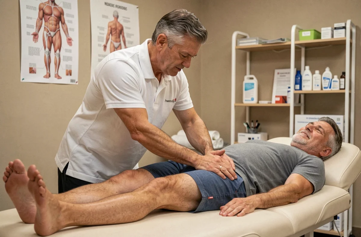 Kinésithérapeute réalisant un massage thérapeutique sur le genou interne d'un patient souffrant de la patte d'oie