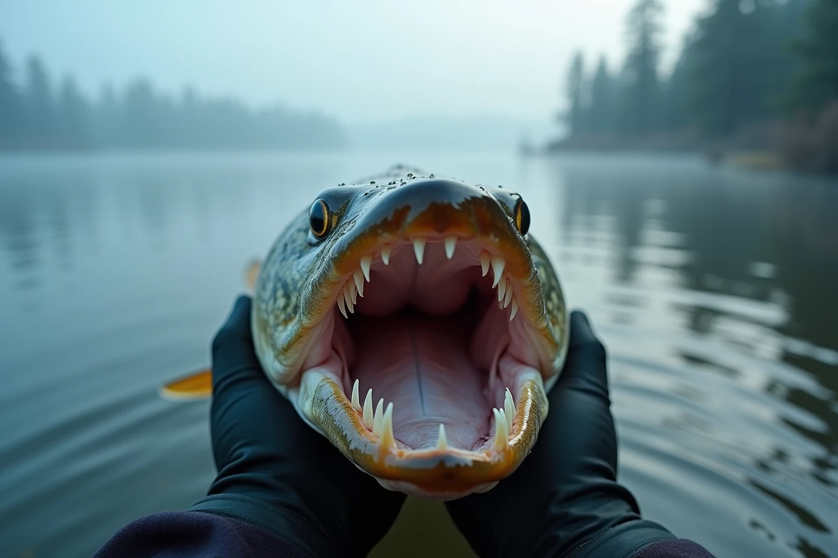 Gros plan sur la mâchoire ouverte d'un brochet avec ses dents acérées tenu au-dessus de l'eau