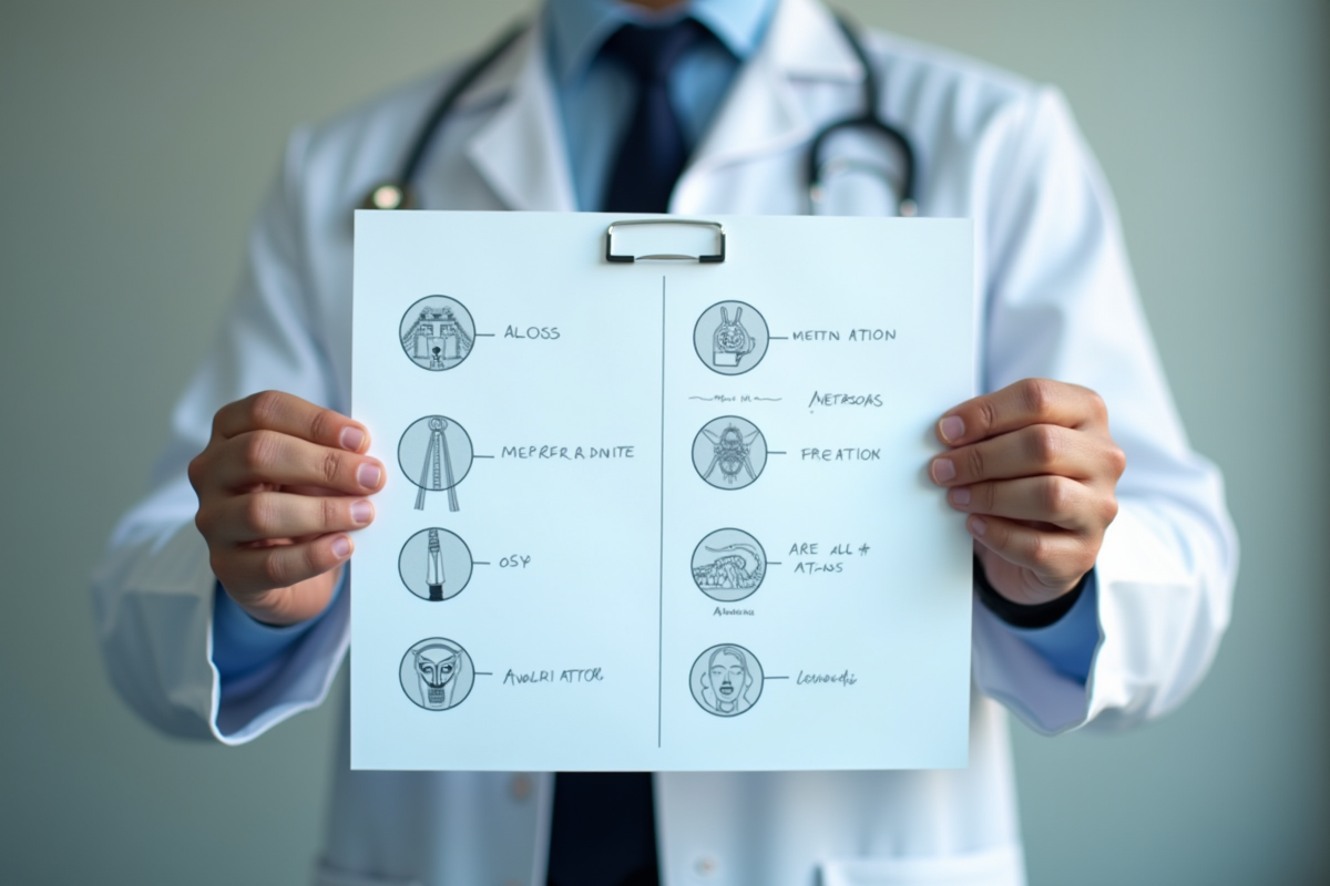 Mains tenant des dossiers médicaux avec icônes de diagnostic