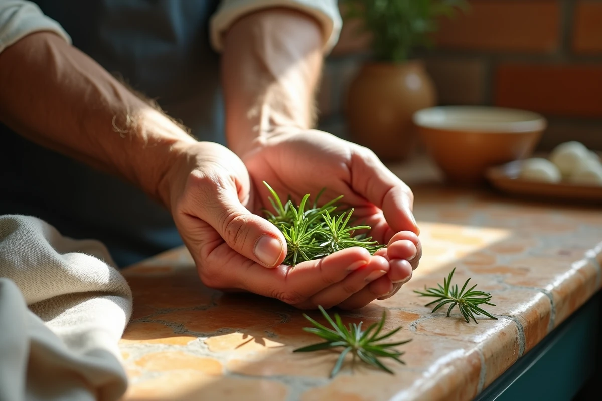 Mains masculines froissant des brins de romarin frais sur un comptoir en pierre, rituel matinal naturel évoquant les bienfaits du romarin pour la concentration