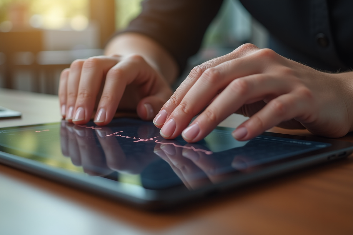 Mains posées sur un rythme cardiaque sur une tablette numérique