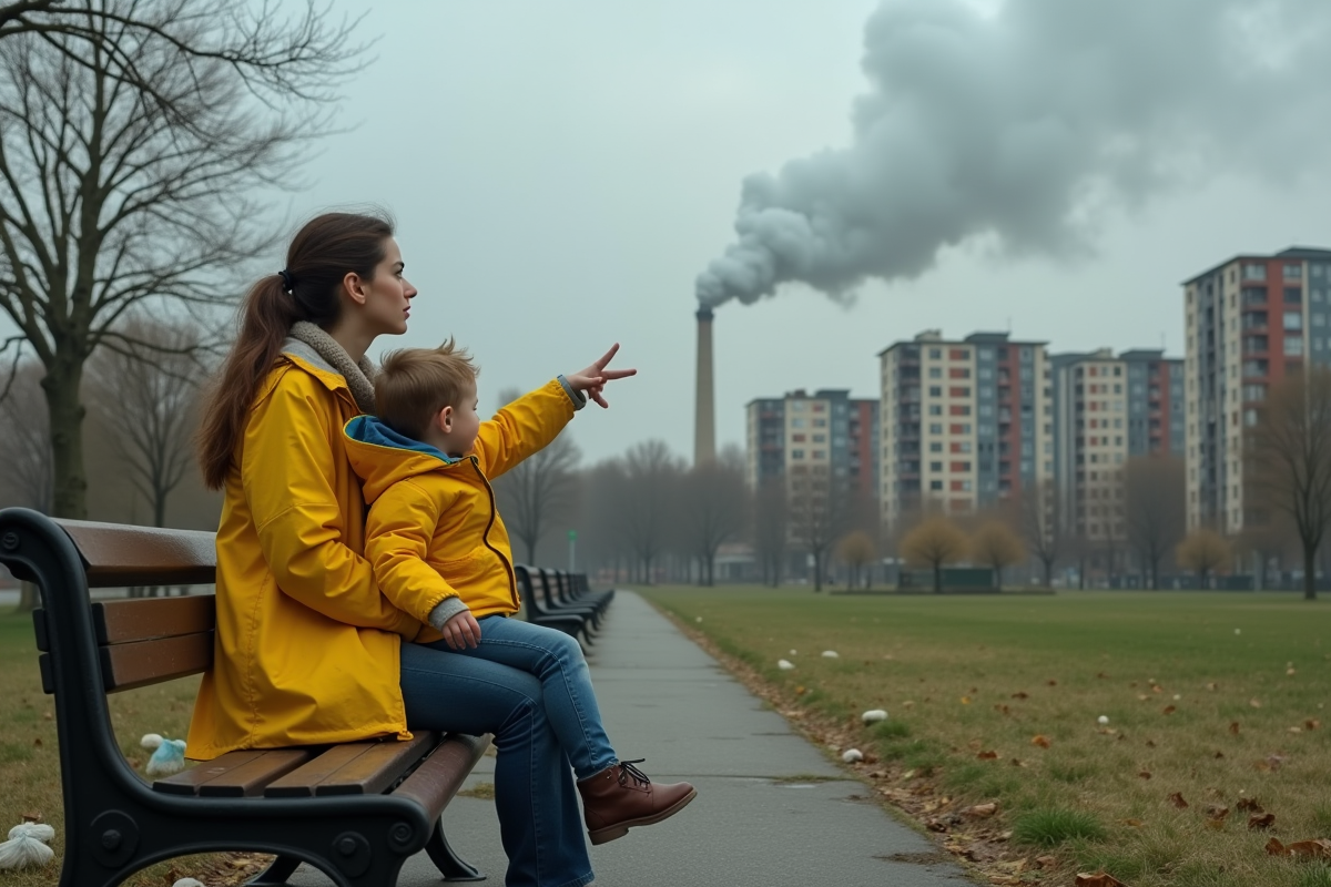 Femme avec enfant pointant vers une cheminée polluante