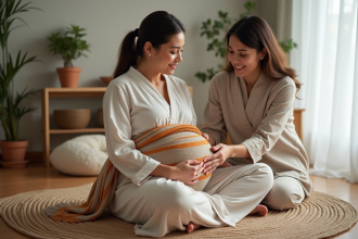 Jeune maman en robe coton avec rebozo dans un salon calme