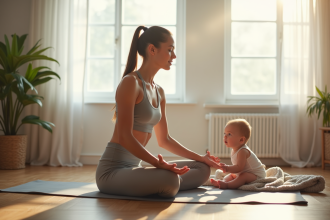 Jeune maman faisant du yoga dans un salon lumineux