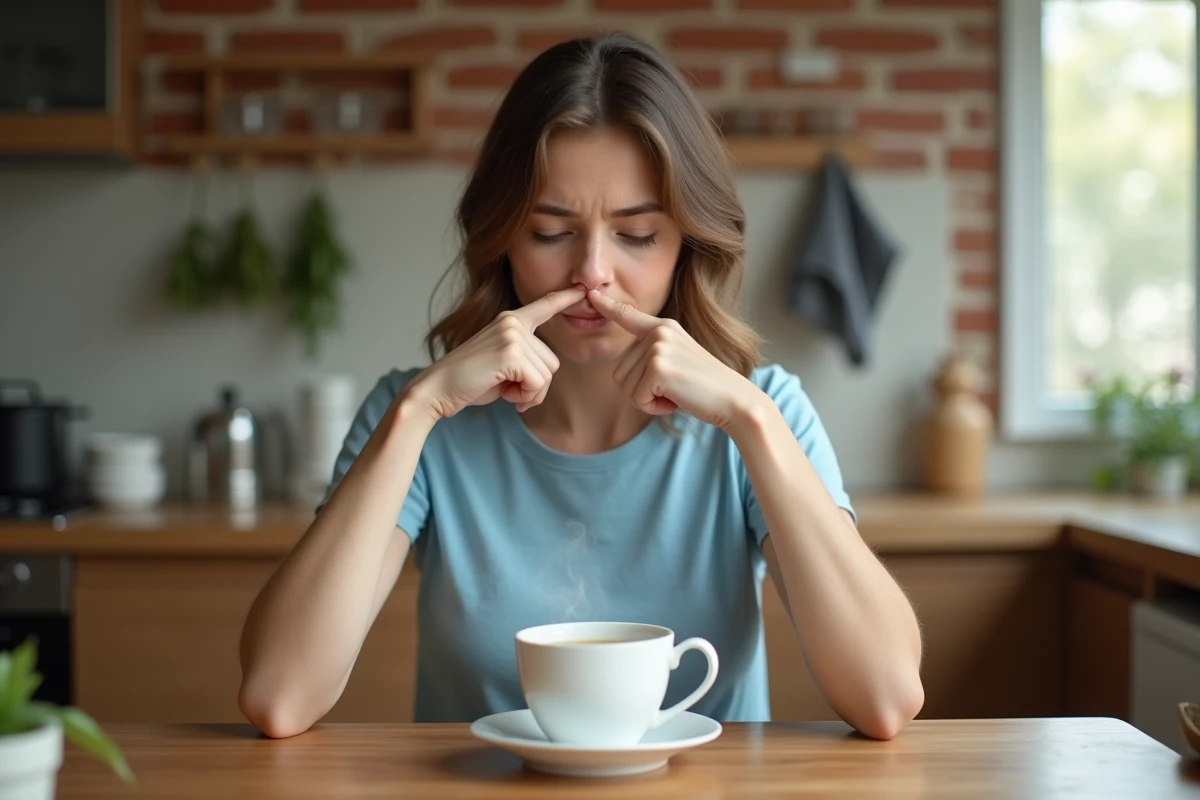 Jeune femme effectuant la manœuvre de Valsalva pour déboucher l'oreille naturellement dans une cuisine