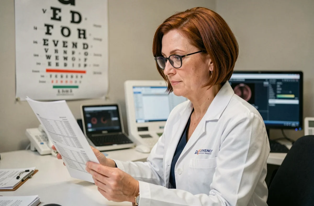 Ophtalmologue femme analysant un rapport d'imagerie rétinienne à son bureau dans un cabinet médical moderne