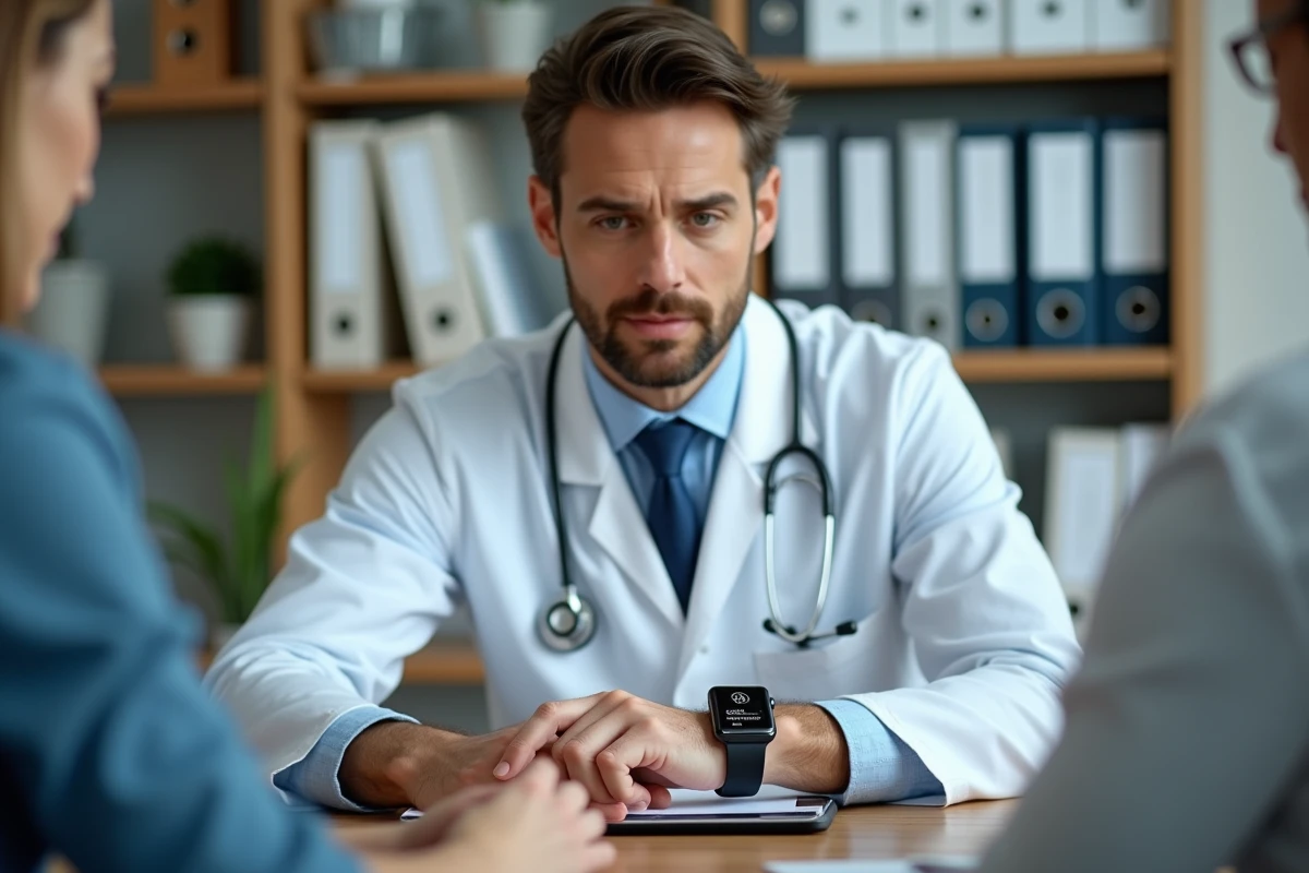 Médecin généraliste analysant les données de tensiomètre connecté d'un patient lors d'une consultation, montrant le lien entre montre santé et suivi médical professionnel