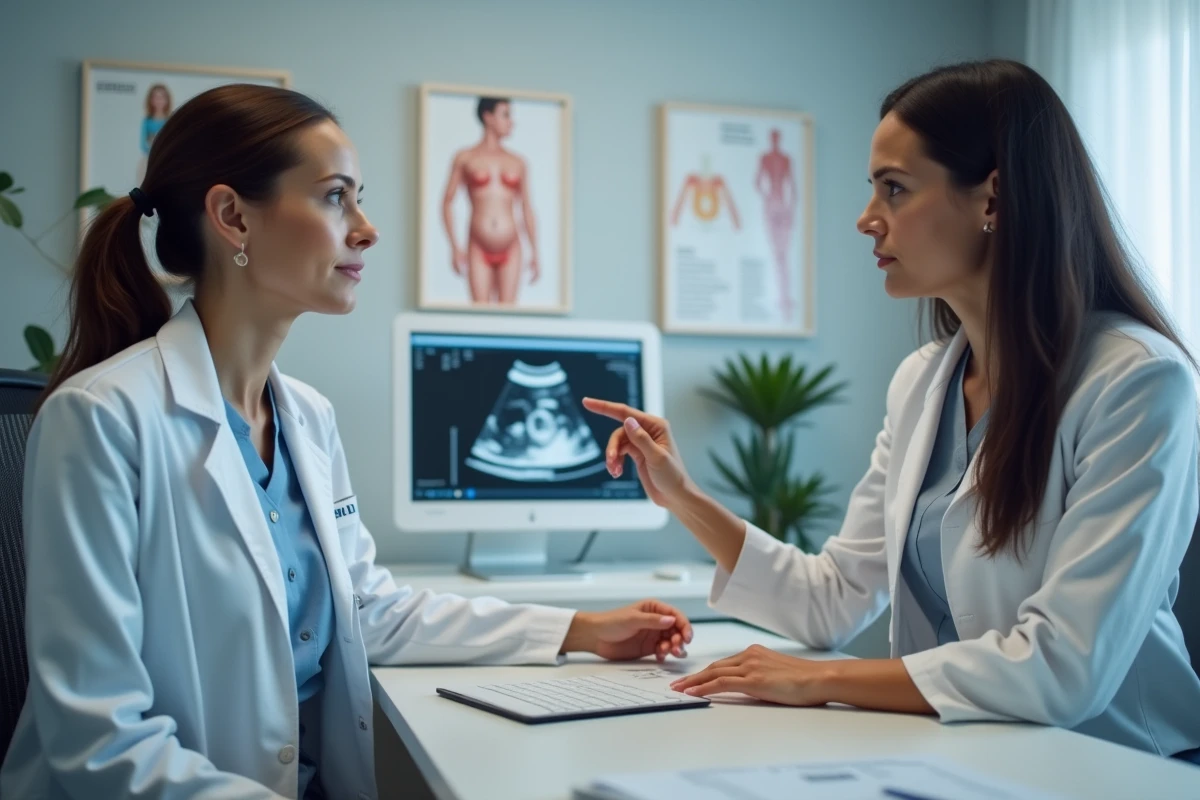 Médecin gynécologue expliquant la date prévue d'accouchement à une patiente enceinte