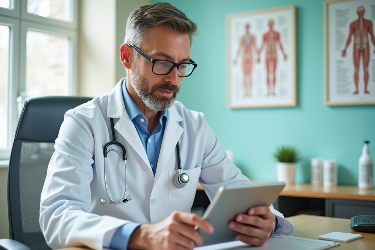 Médecin homme consulte des résultats hormonaux sur une tablette
