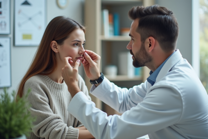 Médecin oto-rhino-laryngologiste examine patient femme