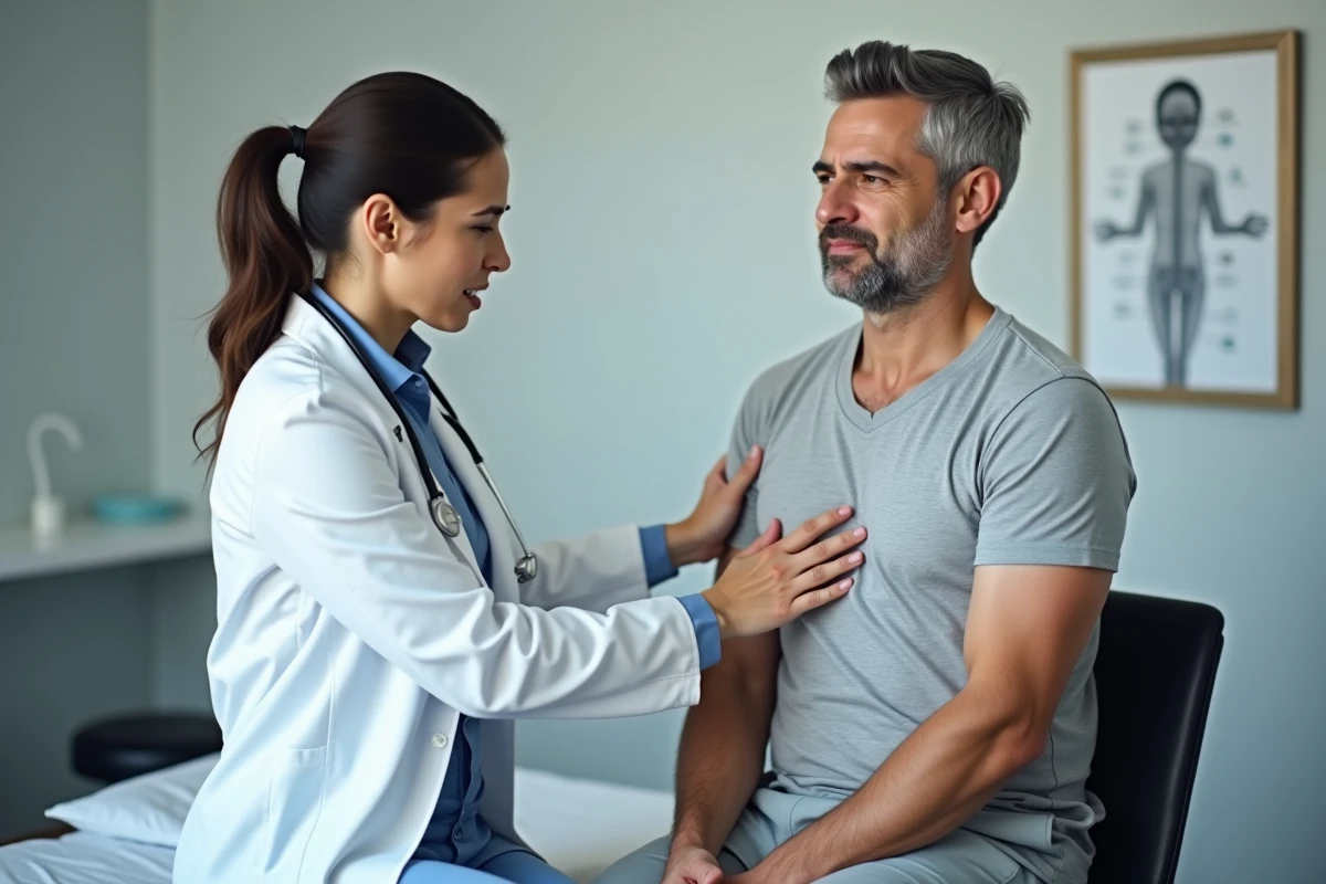 Médecin généraliste palpant les côtes d'un patient lors d'une consultation médicale pour diagnostiquer une douleur intercostale ou une névralgie intercostale