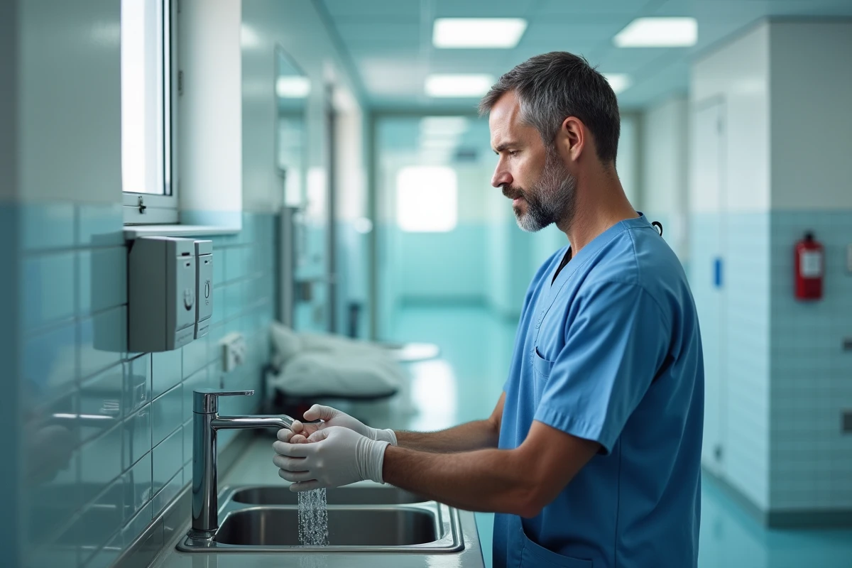 Obstétricien se préparant avant une procédure d'amniotomie en se lavant les mains dans une salle de préparation hospitalière
