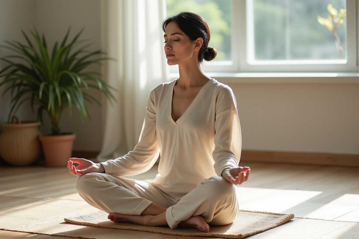 Femme méditant en position lotus dans un studio calme