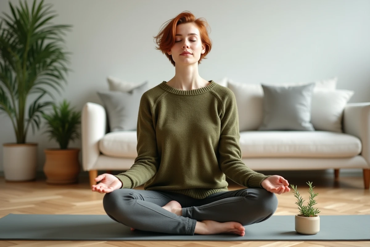 Jeune femme en méditation sur un tapis de yoga avec un diffuseur et un brin de romarin, rituel de concentration et bien-être dans un appartement minimaliste