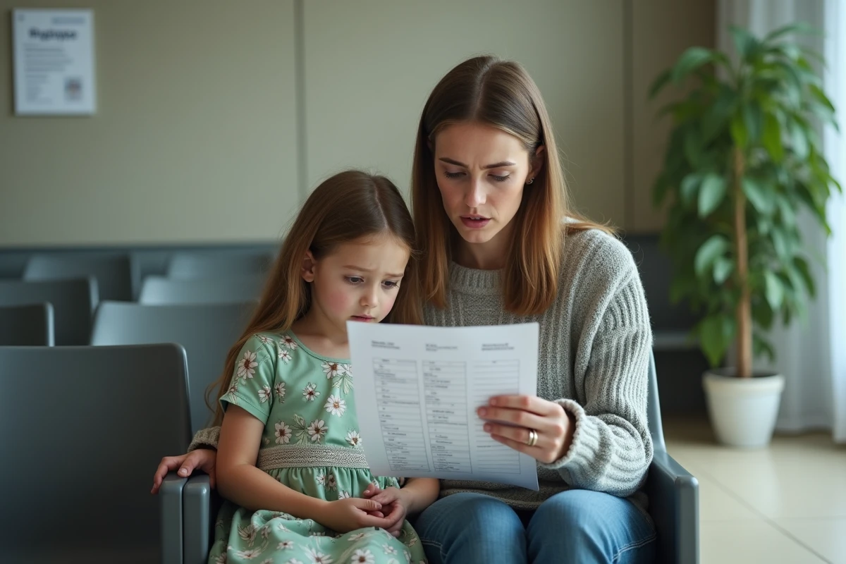 Mère et jeune fille en salle d'attente d'hôpital consultant ensemble les résultats d'une analyse de sang, expression inquiète de la maman