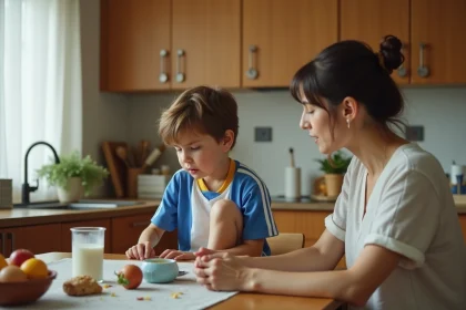 Mère discutant avec son fils adolescent souffrant de la maladie de Sever autour d'un repas équilibré à la maison