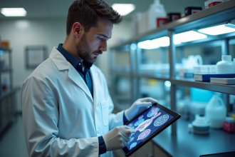 Microbiologiste observant une tablette dans un laboratoire moderne