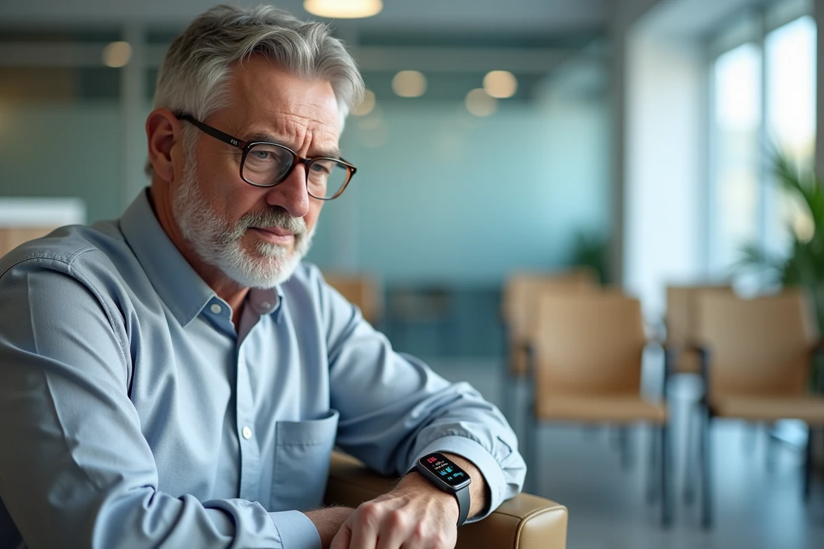 Homme senior en salle d'attente médicale consultant les données de tension artérielle affichées sur sa montre connectée lors d'une visite chez le médecin