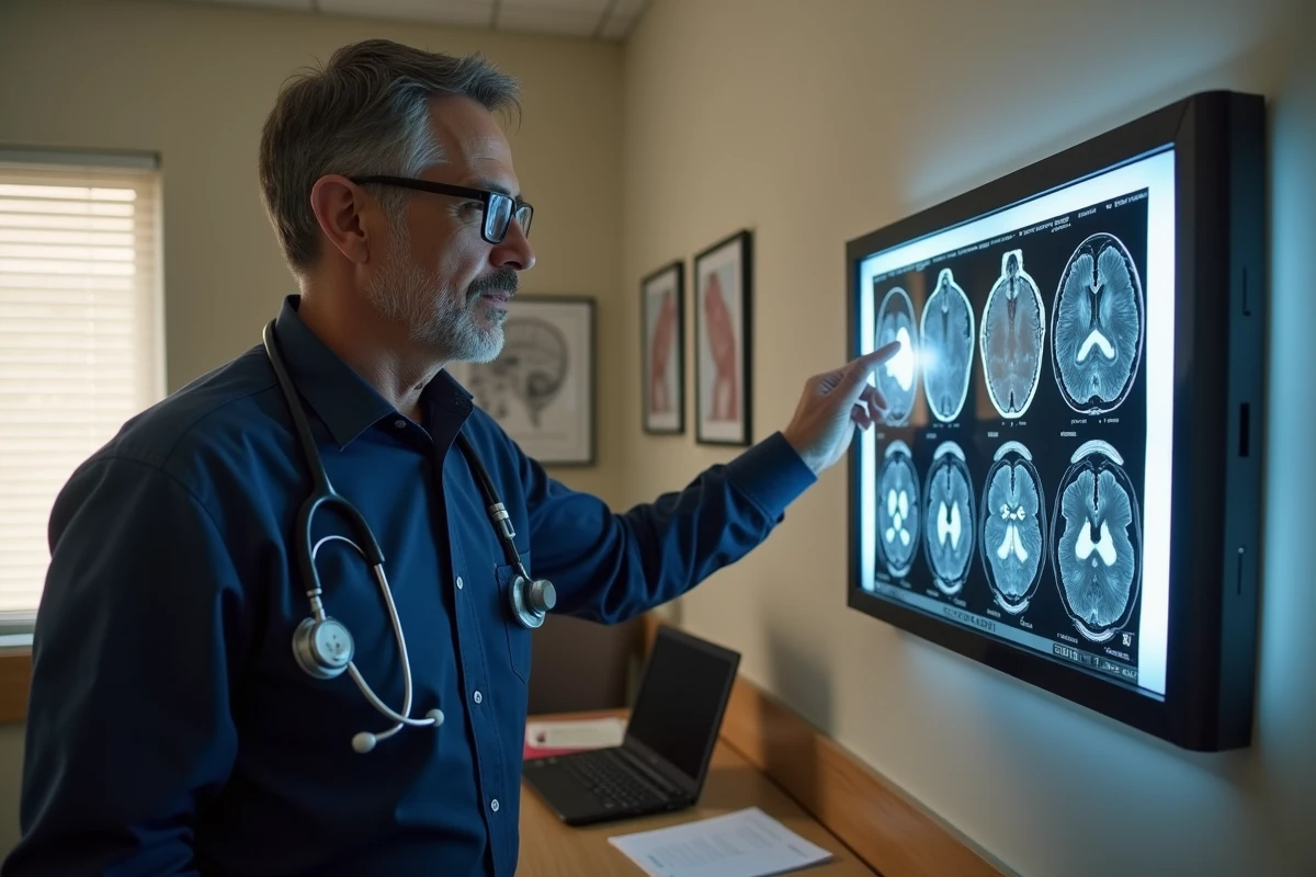 Neurologue masculin analysant un film IRM cérébral sur un négatoscope lors d'une consultation médicale