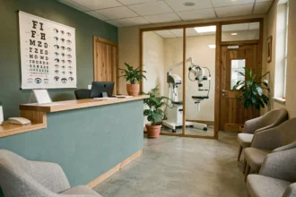 Salle d'attente d'un cabinet ophtalmologique moderne en Bretagne avec équipements médicaux et décor chaleureux