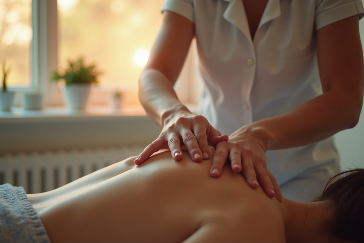 Osteopathe effectuant un soin manuel sur le dos du patient dans une salle chaleureuse