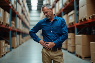 Ouvrier d'entrepot se massant le dos dans un entrepôt