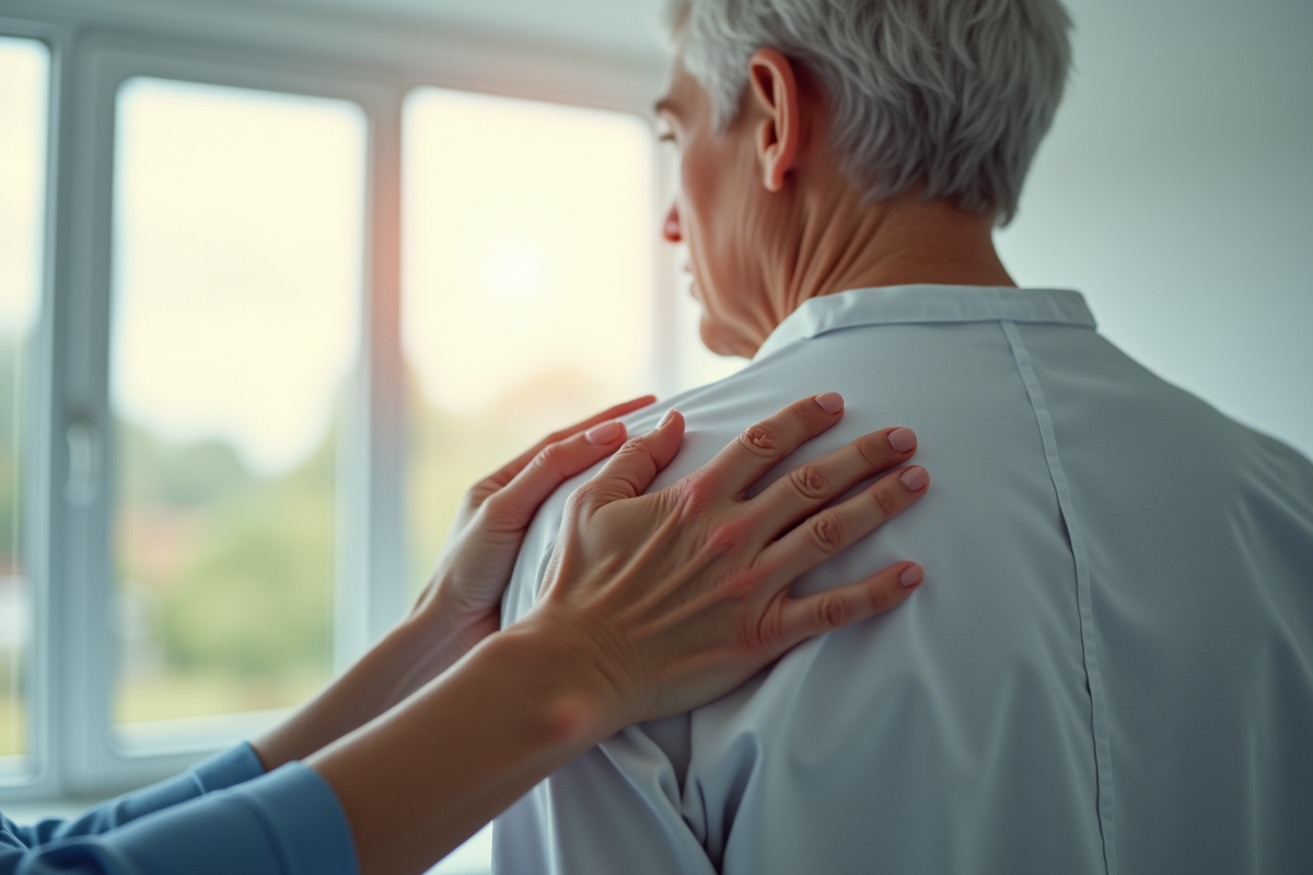 Palpation de l epaule d un senior par un physiotherapeute