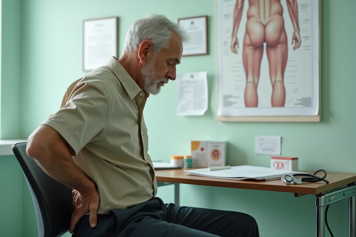 Patient âgé souffrant de douleurs chroniques en consultation chez un médecin généraliste avec des médicaments analgésiques sur le bureau