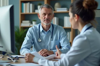 Patient homme discute dossier médical avec médecin
