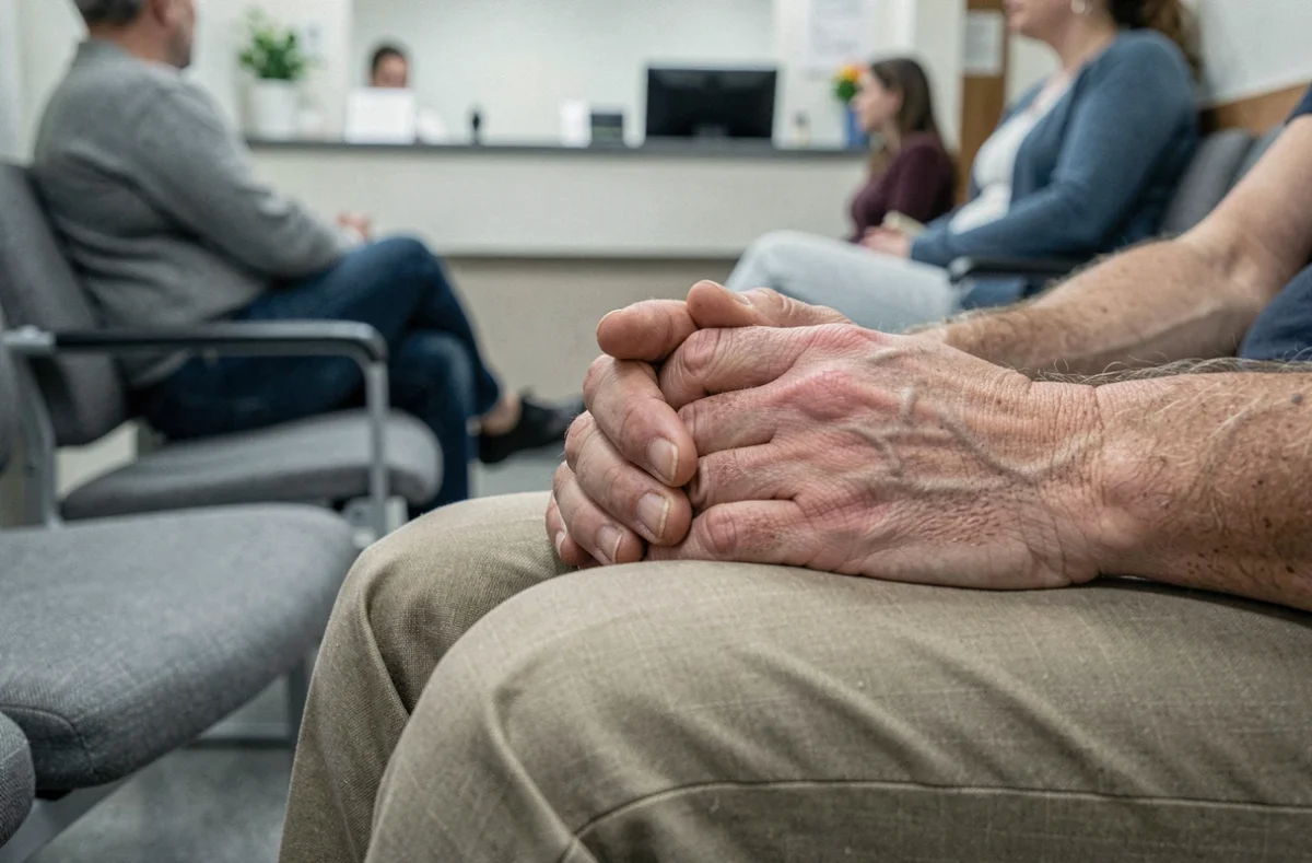 Gros plan sur les mains croisées d'un patient anxieux attendant une consultation médicale dans une salle d'attente d'hôpital pour examiner une boule dans l'aine