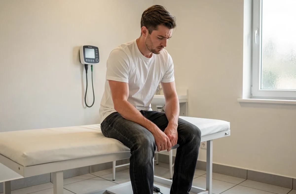 Homme seul dans une salle d'examen médical semblant préoccupé par des symptômes de santé intime