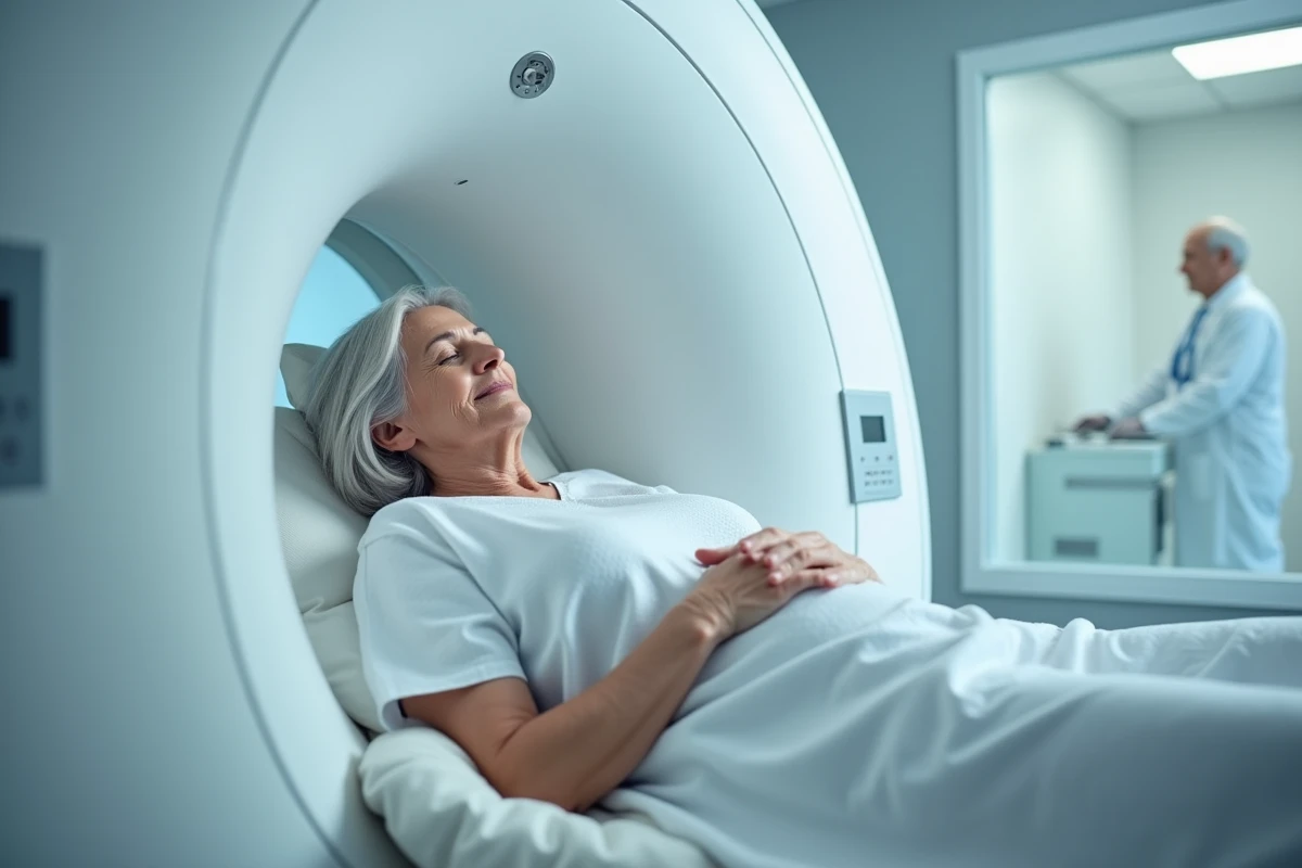 Patiente âgée allongée dans un scanner IRM lors d'un bilan neurologique de routine en milieu hospitalier