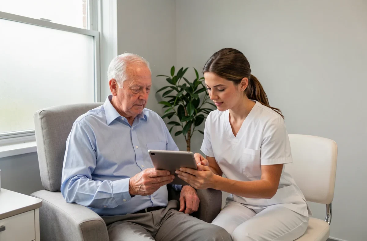 Un homme âgé et une infirmière consultent ensemble un portail de suivi médical sur une tablette dans une chambre de clinique