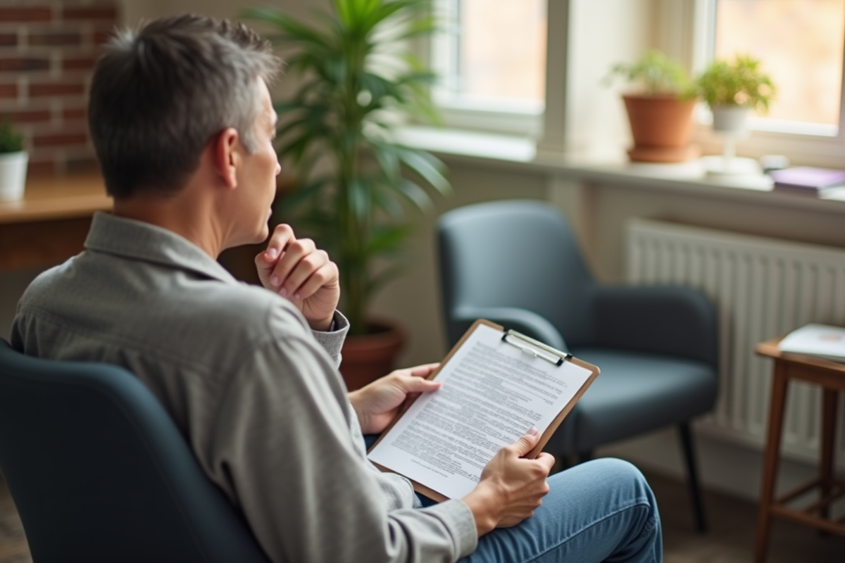 Personne tenant une note de référence dans une salle d