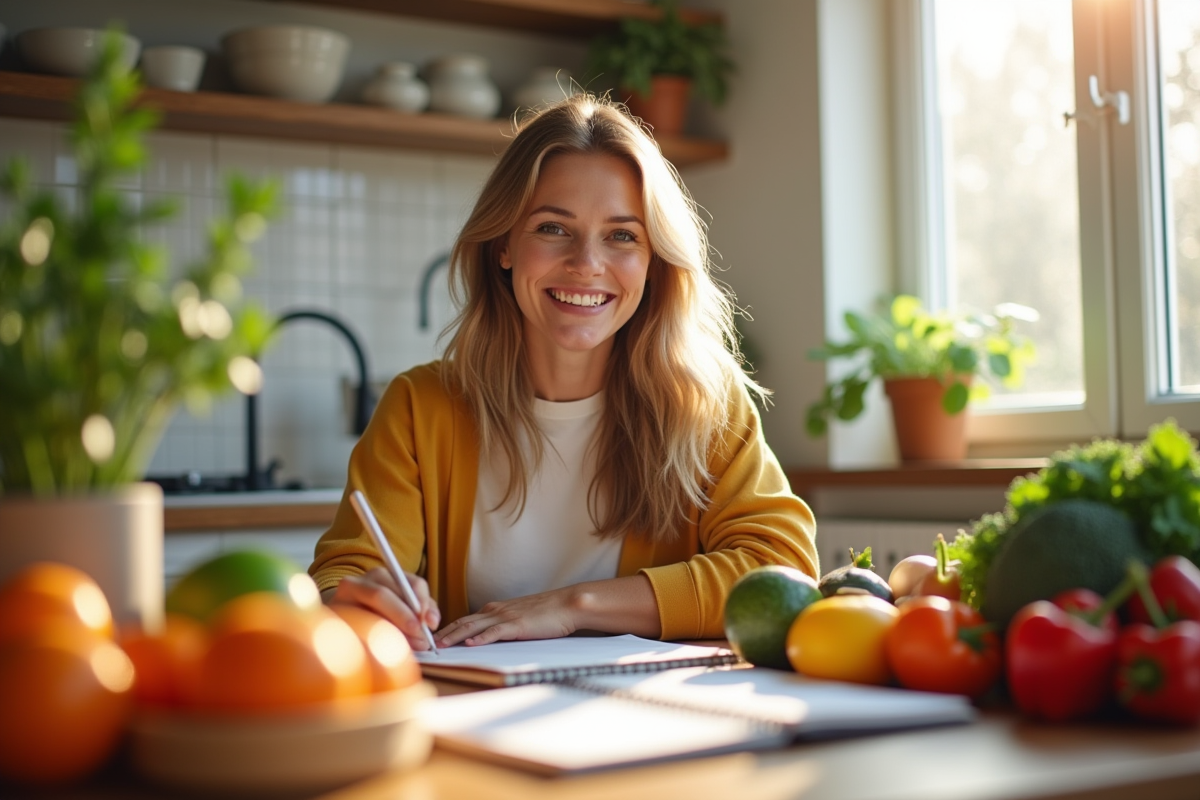 Personne souriante à la cuisine avec fruits et plan repas