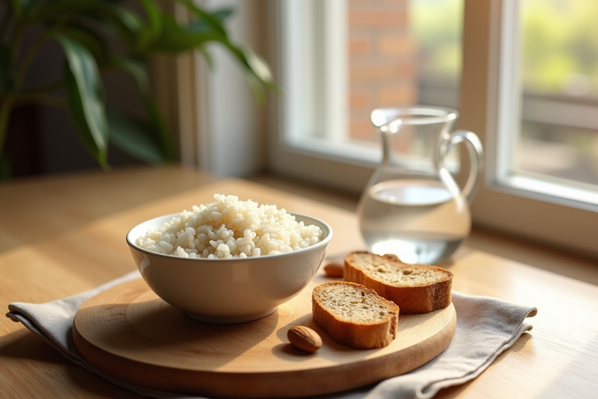 Petit déjeuner avec riz, pain complet et amandes