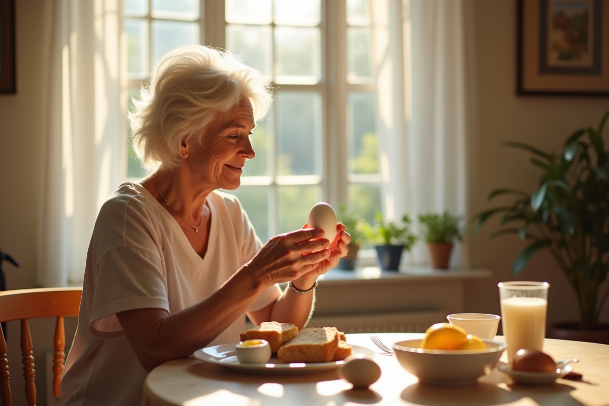 Femme senior dégustant un œuf à la coque près d'une fenêtre
