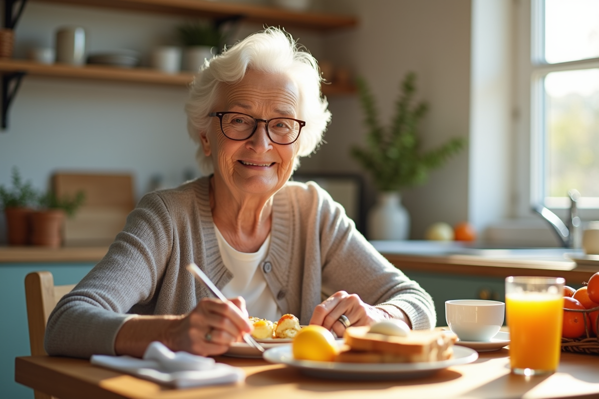Femme agee mangeant un petit déjeuner sain