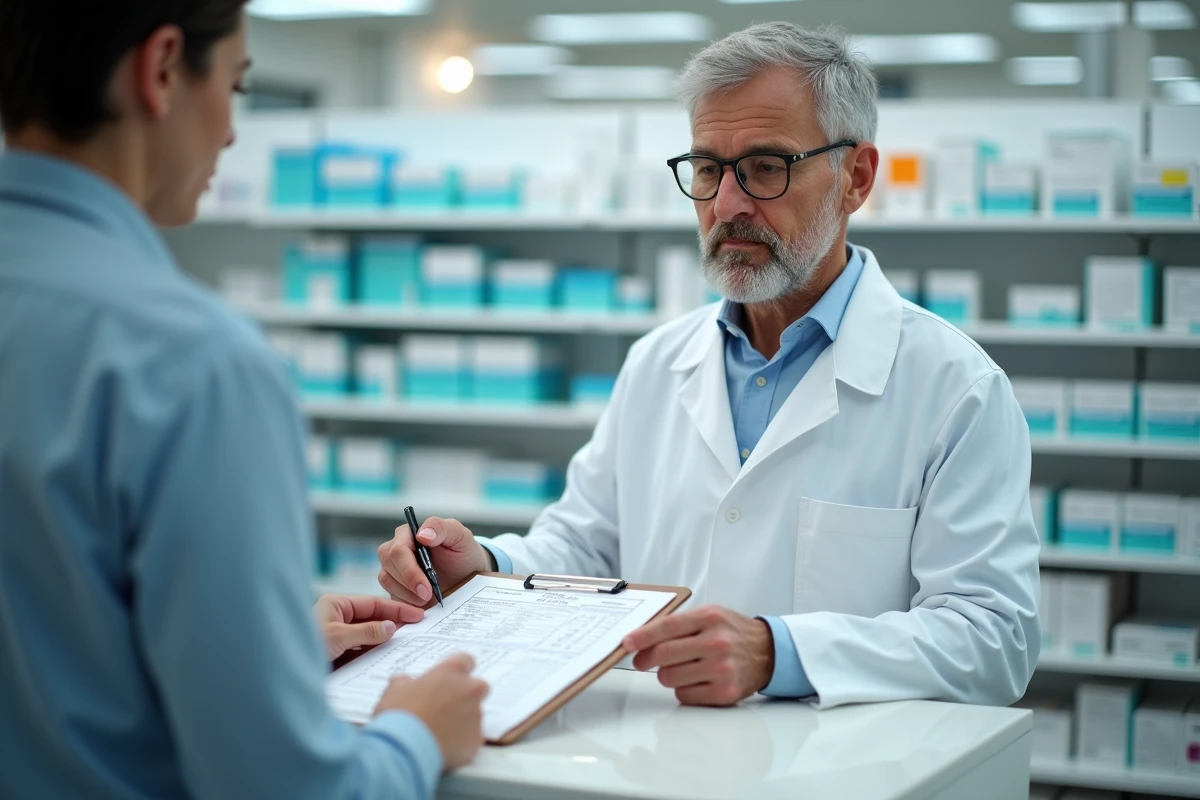 Pharmacien expliquant un plan de prise d'antidouleurs à un patient, montrant un calendrier de médication en pharmacie