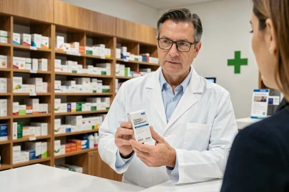 Pharmacien en blouse blanche expliquant un produit minceur Indiva System derrière le comptoir d'une pharmacie moderne