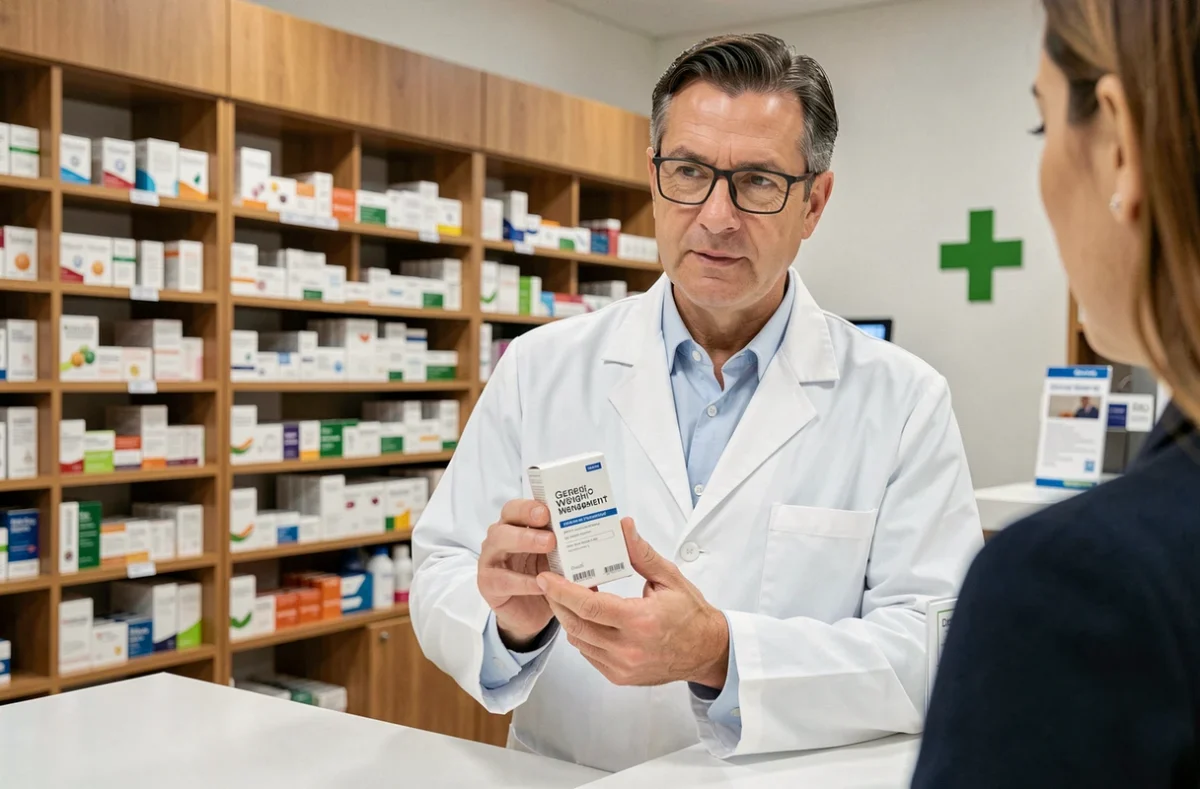 Pharmacien en blouse blanche expliquant un produit minceur Indiva System derrière le comptoir d'une pharmacie moderne