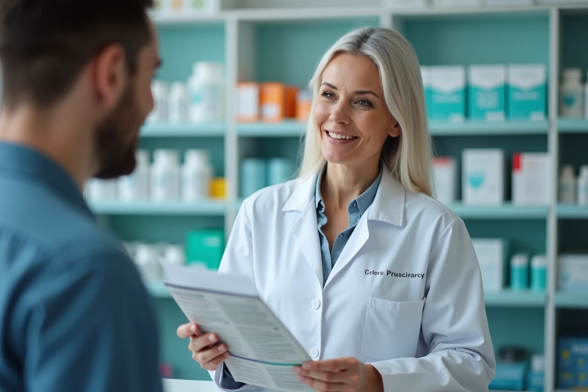 Pharmacienne expliquant les risques et effets secondaires du silicium organique G5 à un client
