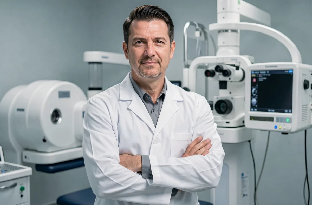 Ophtalmologue homme confiant devant un équipement chirurgical ophtalmologique moderne dans son cabinet