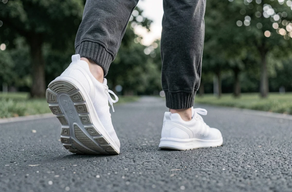 Vue au sol des pieds d'un marcheur en baskets blanches sur un chemin asphalté, symbolisant le nombre de kilomètres parcourus en 10000 pas à allure normale