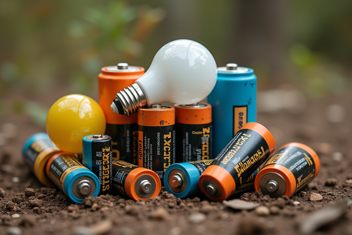 Pile de batteries anciennes et ampoules fluorescentes endommagées sur sol sec
