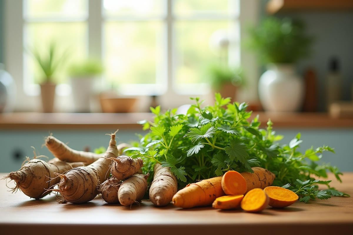 Sélection de plantes detoxifiantes fraîches sur une table en bois