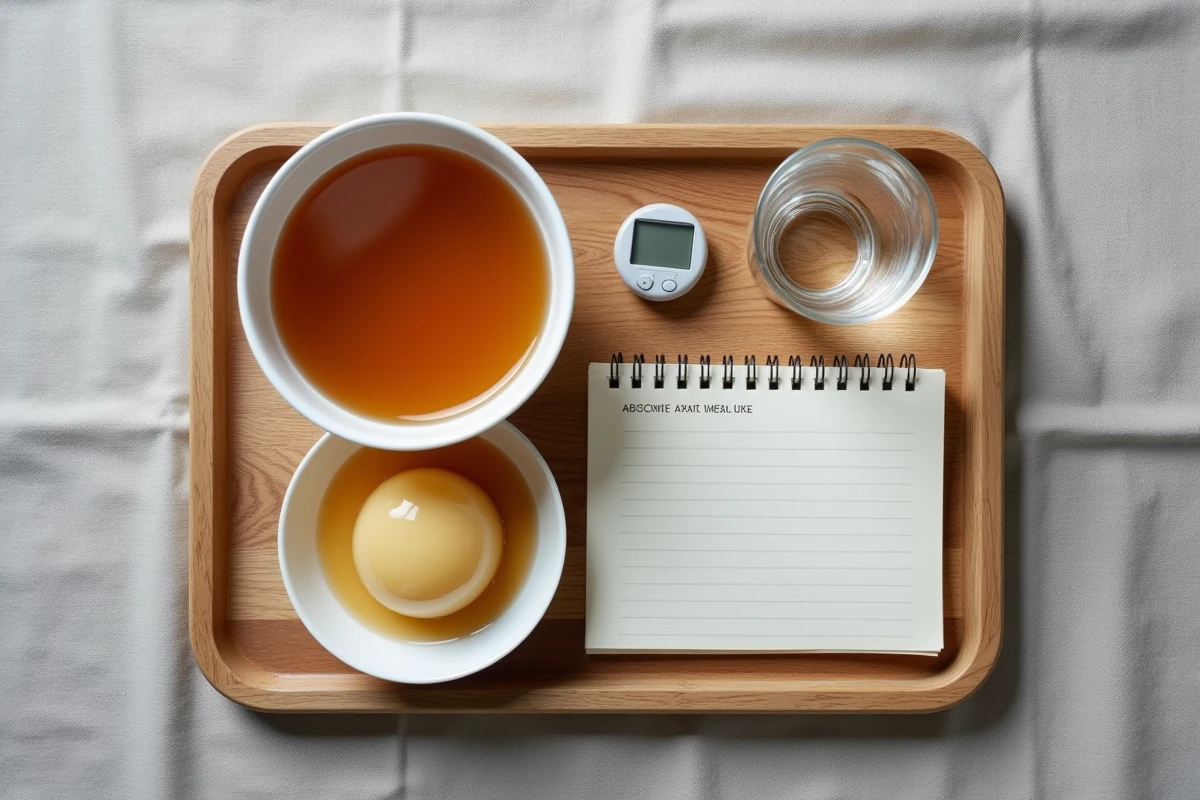 Vue aérienne d'un plateau repas adapté au régime coloscopie pour diabétique avec bouillon clair, gelée et glucomètre