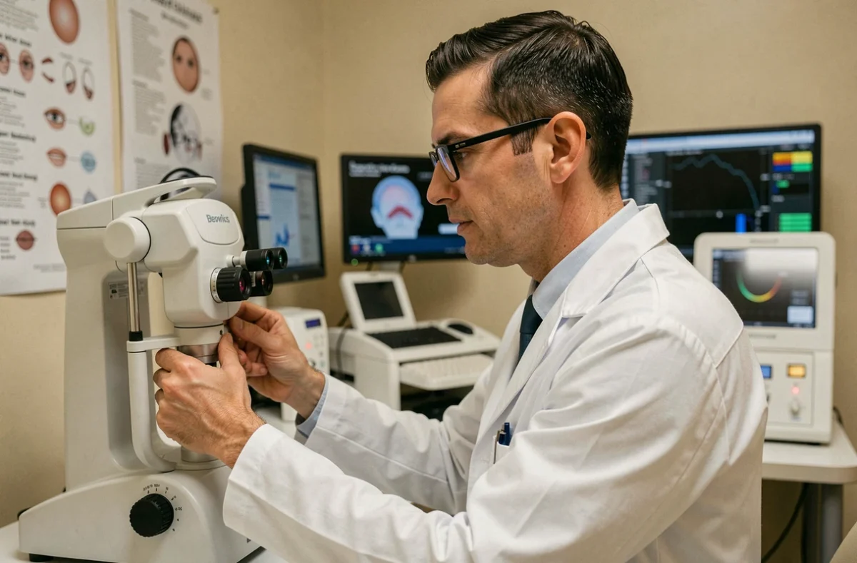 Ophtalmologue masculin calibrant un topographe cornéen dans une salle d'examen ophtalmologique spécialisée